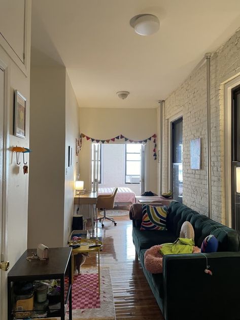 Narrow Studio Apartment, Narrow Apartment, New York Apartment Interior, New York Studio Apartment, Quirky Living Room, She And Her Cat, Narrow Bedroom, Tiny Studio Apartments, Mini Apartments