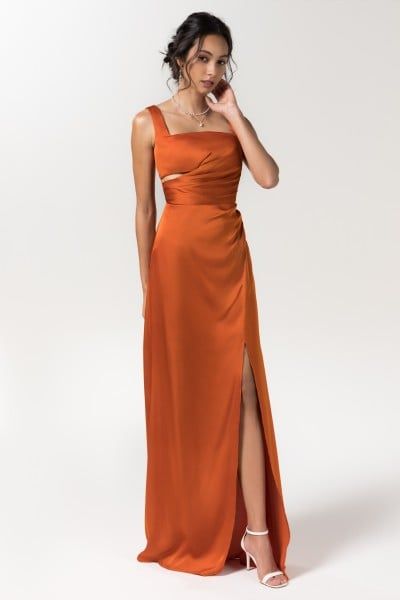 Terracotta Bridesmaids Dresses | Cocomelody Orange Bridesmaid Dresses Silk, Burnt Orange Wedding Ideas, Terracotta Bridesmaid Dresses, Bridesmaid Dresses Unique, Orange Satin Dress, Terracotta Bridesmaid, Satin Dress Outfit, Highlights Natural, Casual Wedding Guest Dresses