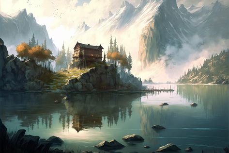 ArtStation - Lake Town Concepts, James B Lake Town Concept Art, Lake Village Fantasy Art, Fantasy Lake Town, Fantasy Lake Art, Lake Fantasy Art, Lake Concept Art, Steampunk Village, Fantasy Lake, Fantasy World Inspiration