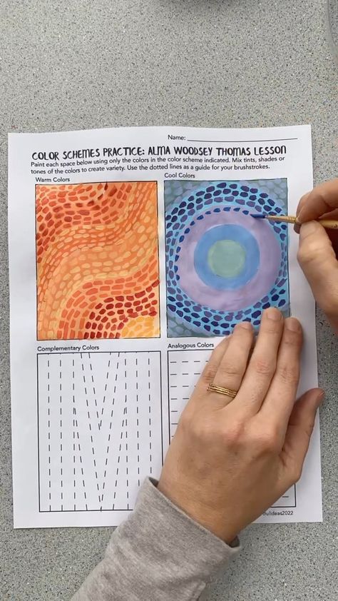 This is a color scheme worksheet from my Alma Woodsey Thomas painting lesson. Students can paint directly onto the worksheet and the dotted… | Instagram Alma Woodsey Thomas, Art Handouts, Painting Lesson, High School Art Lessons, High School Art Projects, 8th Grade Art, Middle School Art Projects, Art Lessons Middle School, 6th Grade Art