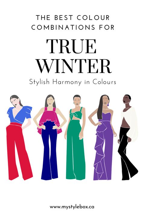 True Winter Colour Combinations Winter Season Color Palette, Bright Winter Palette, Season Color Palette, True Winter Palette, Best Colour Combinations, True Winter Makeup, Color Analysis Winter, True Cool Winter, Bright Winter Outfits