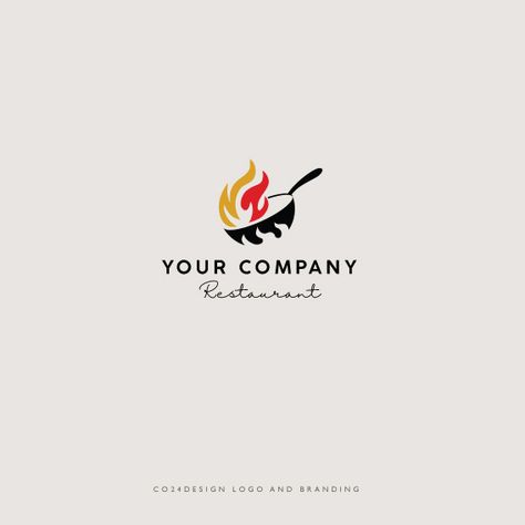 Premade flaming wok logo. Visit our shop and have us personalize it with your company details #logodesign #logoandbranding #premadelogo #woklogo Wok Logo Design, Catering Company Logo, Spicy Logo, Cook Logo, Red Pan, Phoenix Food, Food Brand Logos, Catering Logo, Cooking Logo