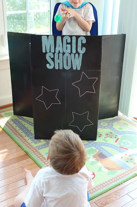 Put on a Disney Junior Inspired Magic Show with a DIY Magician's Table | Sunny Day Family Disney Junior Characters, Large Cardboard Boxes, Magic Land, Magic Props, Magic Day, Primary Activities, Magic Show, Magic Box, Disney Infinity