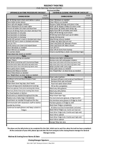 Initial Complete Initial Complete Ensure all dining chairs are clean and dust free Dust banisters in rotunda Dust banister... Kitchen Cleaning List, Bar Checklist, Closing Checklist, Housekeeper Checklist, Kitchen Cleaning Checklist, Kitchen Checklist, Restaurant Manager, Starting A Restaurant, Cleaning Checklist Template