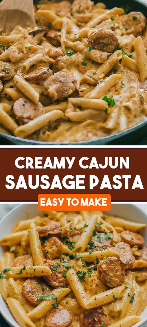 Discover the irresistible flavor of Creamy Cajun Sausage Pasta! Featuring smoked sausage, Rotini pasta, and a rich Cajun-infused sauce, this dish is a delicious combination of savory and spicy. Perfect for busy nights or casual dinners, it's a must-try recipe! Homemade Kielbasa, Kielbasa Sausage Recipes, Cajun Sausage Pasta, Creamy Sausage Pasta, Sausage Pasta Recipe, Creamy Cajun Pasta, Smoked Sausage Pasta, Easy Cajun, Cajun Sausage