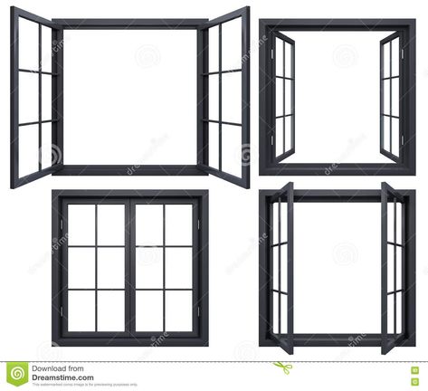 Collection of black window frames isolated on white French Casement Windows, Sliding Window Design, Window Frame Picture, Window Frame Decor, Black Window Frames, House Window Design, House Interior Design Styles, Double Glass Doors, Black Window