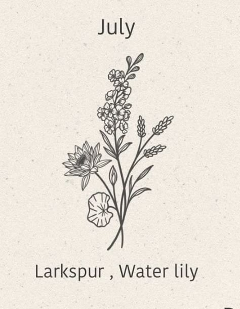 July Birth Flower Bouquet, Larkspur Flower Tattoos, Larkspur Tattoo, Water Lily Tattoos, Pretty Flower Tattoos, First Tattoo Ideas, July Birth Flower, Lily Flower Tattoos, Birth Flower Bouquet