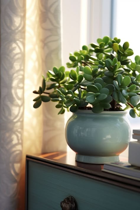 Jade Plant Aesthetic, Hanging Jade Plant, Bedroom Flowers Plants, Beautiful Plants Houseplant, Jade Plant Decor Ideas, Bedroom Plant Ideas, Cactus Plants Indoor, Plant Mural, Potted Plants Indoor