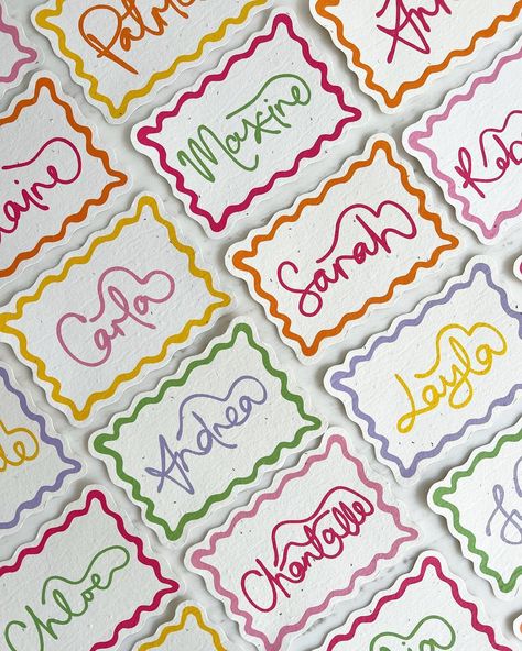 Wedding and Event stationery | Plantable Cards 🌼 | Fun colourful place cards for any event 💛 #letwordsbloom | Instagram Wedding Place Settings Colorful, Colorful Place Cards, Cricut Menu Cards, Unique Name Cards Wedding, Women’s Event, Funky Wedding Decor, Colorful Dinner Party, Whimsical Dinner Party, Wedding Guest Name Cards