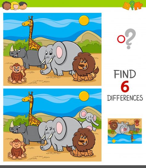 Differences game with safari animal char... | Premium Vector #Freepik #vector #kids #children #education #character Spot The Difference Kids, Find The Difference Pictures, Find The Differences Games, Educational Games For Preschoolers, Printable Games For Kids, Cartoon People, Educational Games For Kids, Hidden Pictures, Fun Games For Kids