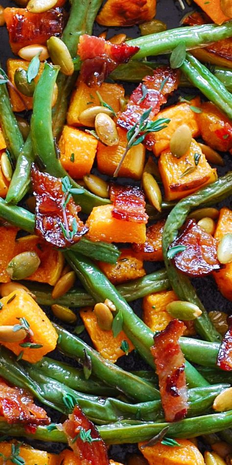 Roasted Vegetables (Green Beans and Butternut Squash) with Bacon and Pumpkin Seeds. Butternut Squash With Bacon, Thanksgiving Vegetables, Thanksgiving Side Dishes Easy, Thanksgiving Food Sides, Holiday Side Dish, Roasted Vegetable Recipes, Roasted Green Beans, Holiday Side, Thanksgiving Recipes Side Dishes