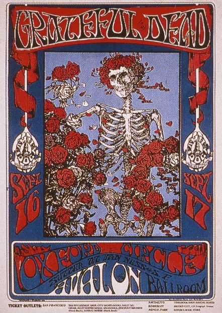 Sept. 16-17, 1966: Grateful Dead, Oxford Circle. Avalon Ballroom, San Francisco, CA. Poster art by Stanley Mouse and Alton Kelley. This poster marked the first appearance of the skull and roses logo, one of the most famous Grateful Dead art icons. Alton Kelley, Wes Wilson, Stanley Mouse, Grateful Dead Poster, Art Hippie, Vintage Concert Posters, Vintage Music Posters, San Francesco, Dog Poster