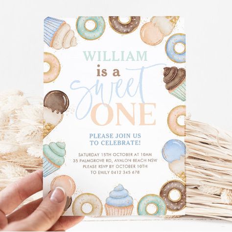 Sweet One Chocolate Donut Boys 1St Birthday Invitation #zazzle #weddinginvitations #birthdayinvitations #babyshowerinvitations #zazzleinvitations #monogram #businesscards #graduation #homedecor Candyland First Birthday Party, Candyland First Birthday, Candy Land Invitation, Sweet One 1st Birthday, Candyland Invitations, Ice Cream Invitation, Donut Invitation, Cupcake Invitations, Cupcake Ice Cream