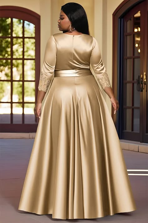 Plus Size FW 2024- Xpluswear.com Designs For Long Dresses, Gold Dress For Wedding, Satin Dress Wedding Guest, Dinner Gowns Classy Style, Church Dresses For Women Classy Chic, Long Gowns For Women, Long Dresses With Sleeves, Evening Gowns Gold, Maxi Dress Ankara