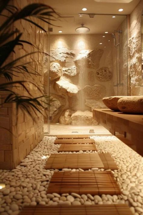 Stone Aesthetic Room, Modern Shower Room Ideas, Spa Feature Wall Ideas, Modern Nature Interior Design, Modern Spa Interior Design, Nature Bathroom Aesthetic, Stone Walk In Shower Ideas, Big Shower Ideas, Waterfall Shower Bathroom