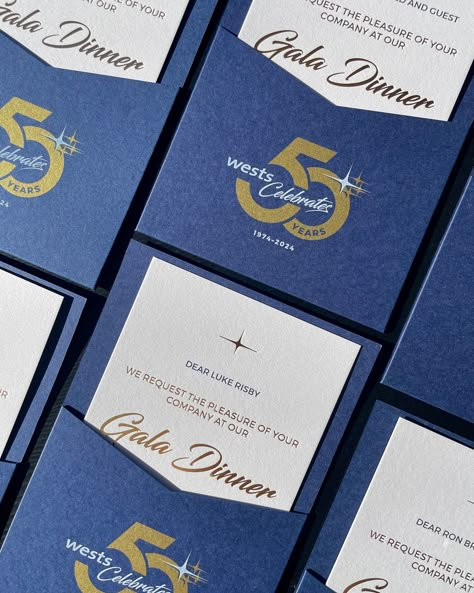 We had the incredible opportunity to design the invitation suite for @westsleagueclub 50th Gala Dinner. It was truly rewarding to see our work contribute to such a significant occasion. The invitation suite featured high end details including gold foil press, gold metallic and white ink on premium cushion card stock all sat within an on-brand pocket. Gracie Creative is just as passionate about bringing a high level of creativity and attention to detail for corporate events as we are for our... Premium Invitation Card, Save The Date Gala, Premium Invitation Card Design, Invitation Card Design Business, Corporate Anniversary Design, Corporate Invite Design, Gala Graphic Design, Gala Dinner Invitation, Gala Invitation Design