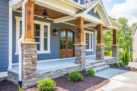 Take a Tour of Architectural Designs Exclusive Craftsman Plan #500048VV | 3,494sq.ft | 4-5 BDR | 4+BA | #adhouseplans… Front Porch With Stone, Modern Craftsman House, Front Porch Addition, Architecture Antique, Porch Remodel, House Front Porch, Porch Addition, Building A Porch, Porch Columns