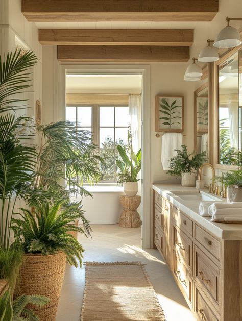 u1942658271_A_coastal_bathroom_with_indoor_plants_including_f_f669bf36-d3c1-449a-b28a-c2283cf6ce0b_3 Hawaii Bathroom Ideas, Carribean Bathroom Ideas, Modern Coastal Bathroom Decor, Boho Beach Bathroom, Coastal Boho Bathroom, Coastal Master Bath, Beach Home Bathroom, California Bungalow Interior, Pool Bathroom Ideas