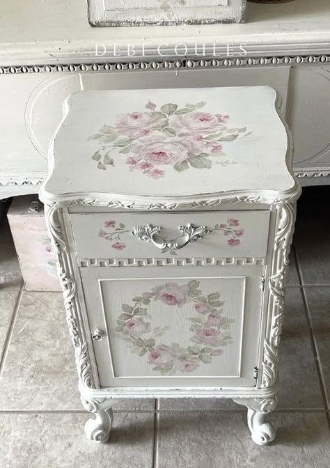 Cabinet Side Table, Debi Coules, Rustic Artwork, Shabby Chic Antiques, Shabby Chic Room, Painted Roses, Decoupage Furniture, New Home Decor, Hand Painted Roses