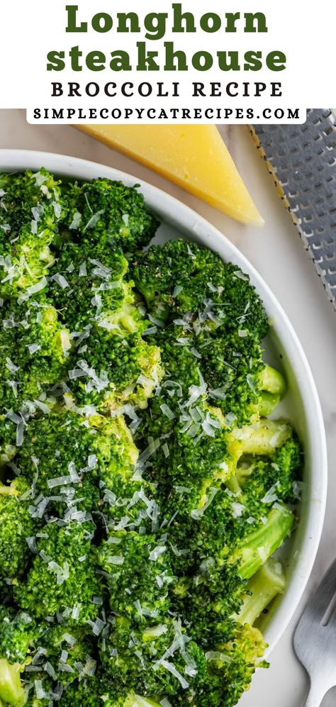 Looking to add some color to your dinner table? This copycat Longhorn Steakhouse Broccoli recipe is the answer! Fresh broccoli is cooked to a tender-crisp texture, smothered in a delicious garlic butter sauce, and topped with parmesan cheese. It's the perfect side dish for any meal. Side Dish Broccoli Recipes, Best Seasoned Broccoli, Best Cooked Broccoli, Steakhouse Vegetable Sides, Raw Brocolli Recipes, Cook Fresh Broccoli On Stove, Parm Broccoli Recipes, Fresh Steamed Broccoli, Dairy Free Broccoli Recipes