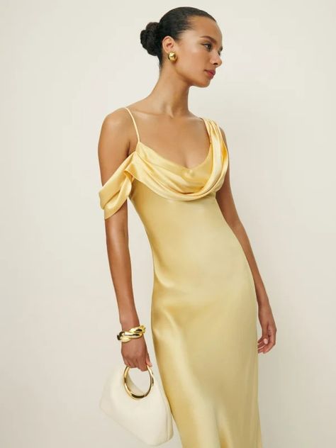 Long Dresses - Sustainable Maxi Dresses | Reformation Yellow Wedding Guest Dresses, Simple Formal Dress, Silk Yellow Dress, Yellow Bridesmaid Dresses, Yellow Maxi Dress, A Line Maxi Dress, Yellow Silk, Essential Dress, Guest Outfit