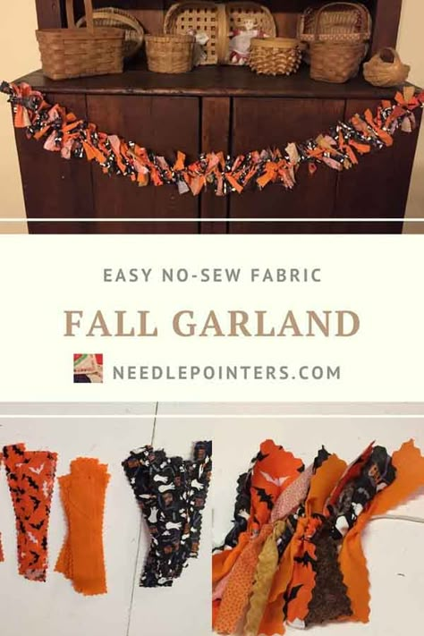 Crafts With Halloween Fabric, Easy Sew Halloween Decorations, Halloween Crafts With Ribbon, Halloween Fabric Decorations, Autumn Bunting Diy, Diy Fabric Halloween Decorations, Diy Farmhouse Garland, Halloween Rag Garland, Fall Fabric Garland Diy