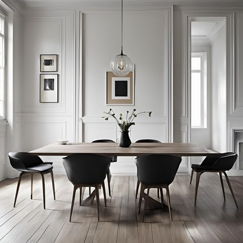 Light and airy with a touch of black! ✨ This dining room feels bright and airy thanks to the white walls and large windows. The black metal chairs and pendant lights add a touch of modern drama. We love the natural texture of the wooden table. Would you incorporate black accents into your dining room decor? Let me know in the comments! Black Metal Chairs, Dining Table White, Minimalist Dining Room, Black And White Minimalist, Wood Dining Room, Faux Snow, White Minimalist, Metal Chairs, Wooden Table