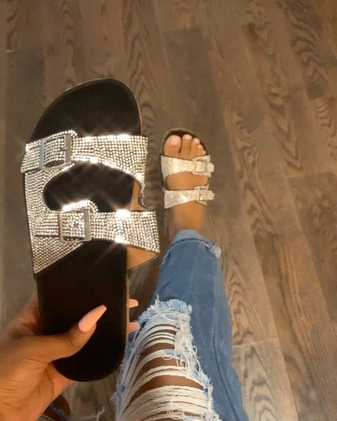 DemuLuxe on Instagram: ““Shine bright like a Demuluxe doll” or whatever our good sis Riri said 💕 • • • #fashionista #flatsandals #flatshoes #sandals #love #beach…” Ankara Tops, Bling Sandals, Fashion Shoes Sandals, Smaller Waist, Cute Slippers, Fashion Slippers, Rhinestone Sandals, Fresh Shoes, Hype Shoes