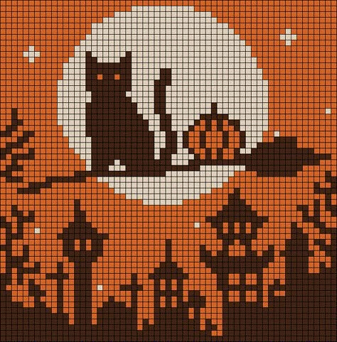 Black Cat Tapestry Crochet, Jack O Lantern Alpha Pattern, Crochet Halloween Graph, Fall Tapestry Crochet Patterns, Autumn Tapestry Crochet, Crochet Alpha Pattern Halloween, Fall Tapestry Crochet Pattern, Alpha Patterns Crochet Halloween, Fall Crochet Grid