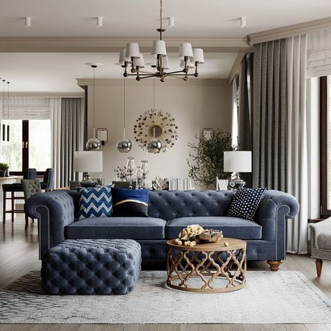 American Style Interior, Design Hall, Art Deco Living Room, Living Room Trends, Spacious Living Room, Blue Decor, Sofa Armchair, Apartment Interior, Minimalist Living Room