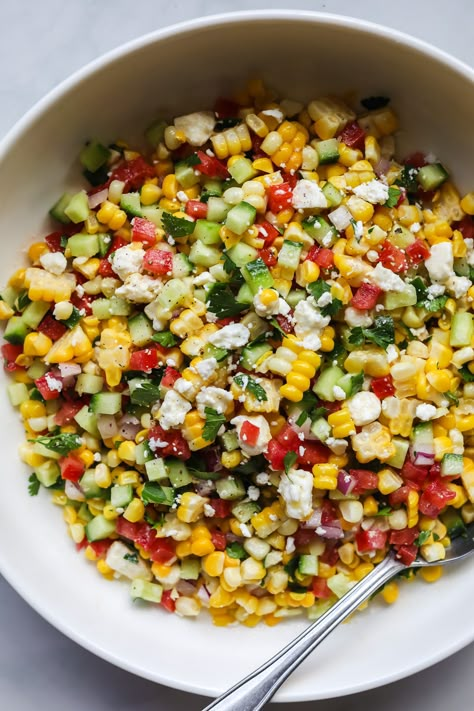 Corn Salad — Her Wholesome Kitchen Fall Cucumber Salad, Cucumber Corn Salad Recipes, Healthy Corn Salad, Corn Tomato Cucumber Salad, Corn Cucumber Salad, Corn Salad With Feta, Cucumber Corn Salad, Summer Corn Salad Recipe, Sweet Corn Salad Recipe