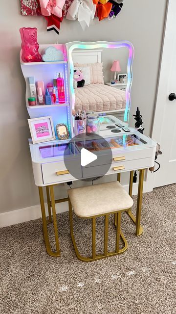 Amy Draper Darley on Instagram: "💄✨🪞How cute is this vanity from Amazon??? My daughter wanted a vanity for her birthday and this one couldn’t be more perfect!  It was so easy to put together, has the prettiest lights, and was perfect for organizing all the makeup and skincare! 

🛒Comment SHOP below to receive a DM with the link to shop this post on my LTK ⬇ https://liketk.it/4NXDq

#vanity #organized #makeuporganization #homeorganization #girlsroom  #ltkvideo #ltkhome" Girls Desk And Vanity Combo, Small Vanity Room Ideas, Girls Vanity Ideas Kids Bedroom, Hello Kitty Vanity Setup, Vanity For Girls Room, Kids Vanity Ideas, Girl Vanity Ideas, Cheap Vanity Ideas, Girls Vanity Ideas