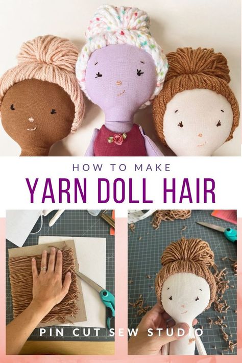 Diy Yarn Hair For Dolls, Homemade Dolls How To Make, Felt Doll Hair Tutorial, Rag Doll Hair How To Make, Cut And Sew Doll Fabric, Ragdoll Hair Tutorials, How To Make Yarn Hair For Dolls, Sewing Yarn Hair On Doll, How To Put Yarn Hair On Doll