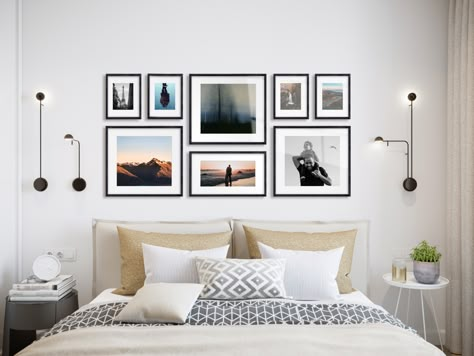 Decorate Above Bed, Photos Above Bed, Frames Above Bed, Pictures Above Bed, Above Bed Ideas, Photo Walls Bedroom, Wall Decor Above Bed, Picture Wall Bedroom, Printed Pictures