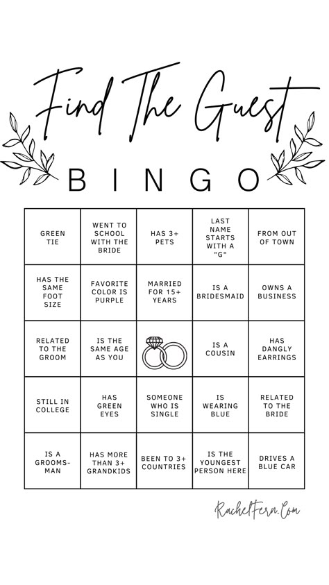 Wedding BINGO or Find the Guest BINGO to have your guests mingle and meet each other! Wedding Bingo, Wedding Party Games, Wedding Games For Guests, Reception Games, Reception Activities, Wedding Reception Games, Wedding Game, Wedding Reception Fun, Bridal Shower Planning