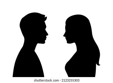 Vector simple silhouettes or icons of two people - woman and man facing each other - relationship, conversation, gender People Standing Next To Each Other, Male And Female Silhouette, Relationship Conversation, Man And Woman Silhouette, Silhouette Face, Shell Painting, Love Silhouette, Shadow Drawing, Men Vs Women