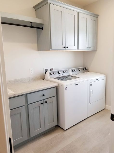 Laundry Room Ideas No Sink, Big Laundry Room Ideas Layout, Laundry Room Setup, Laundry Room With Wood Cabinets, Small Laundry Room With Hanging Space, Laundry Room Mud Room Combo Small Layout, Half Bathroom And Laundry Room Combo, Laundry Room With Sink And Cabinets, Top Loading Washer Laundry Room Ideas