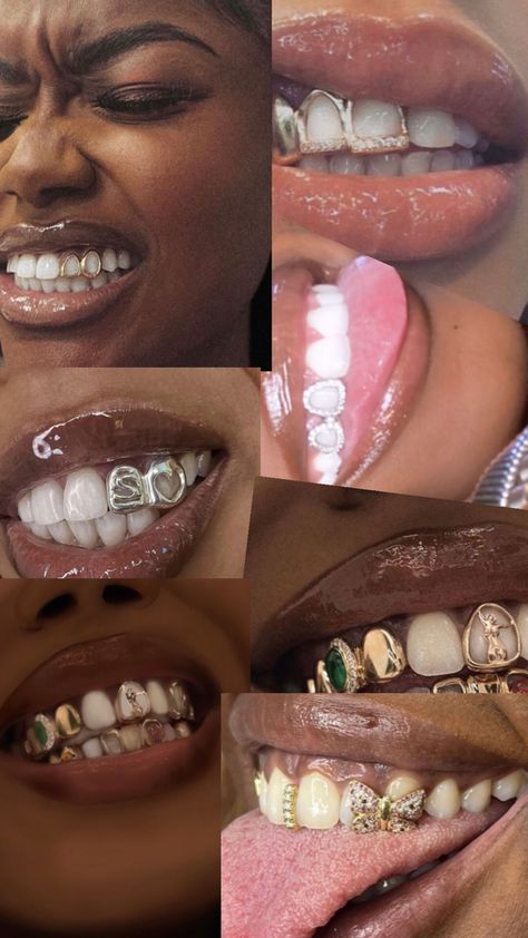 Grills For Women, Tooth Gem Designs, Gold Teeth Grills, Gold Teeth Grillz, Teeth Grills, Teeth Gems, Pretty Teeth, Dental Jewelry, Grillz Teeth