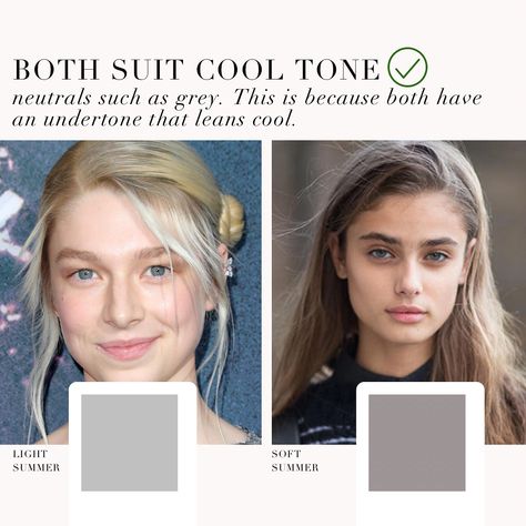 Light Summer VS Soft Summer as requested by you 🤍 . #coloranalysis #colouranalysis #softsummer #lightsummmer #coloranalyst #hunterschafer #taylorhill Light Spring Vs Soft Summer, Soft Summer Browns, Soft Summer Moodboard, Soft Summer Color Palette Hair, Soft Summer Brown, Summer Undertone, Soft Summer Hair Color, Cool Tone Brown Hair, Soft Summer Hair