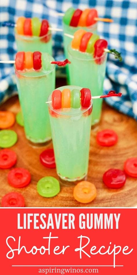 Lifesaver Gummy Shooter Recipe | Rum Shooter Recipe | Lifesaver Gummy Recipe | Tropical Shooters | Easy to make shooters #LifesaverGummy #LifesaverGummyShooters #ShooterRecipe #RumShooters #Recipes Charcuterie Shot Board, Fruity Shots Alcohol Recipes, Easy Alcoholic Shots, Bachelorette Party Shots Recipes, Camping Shots Alcohol, Good Shots Recipes, Shooter Recipes Alcohol, Shot Cuterie Board Party, Tasty Shots Recipes