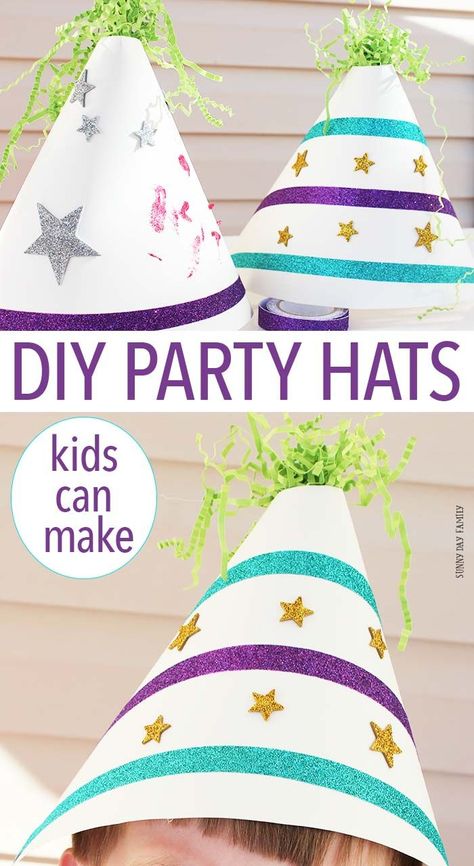 Make your own party hats! This is a fun kids craft for parties & holidays. Perfect for kids' birthday parties - make a party hat decorating station for a fun party activity! Or create your own party hats for any celebration. Super fun and really easy!  // For more family resources visit www.ifamilykc.com :) Christmas Party Hats For Kids, Diy Birthday Hats For Kids, Birthday Hats Diy, Nye Craft, Party Hats Diy Template, Eyfs Books, Diy Birthday Hat, Diy Birthday Party Hats, Diy Party Hat