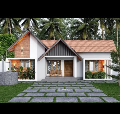 Kerala Architecture Exterior, Kerala Traditional House Exterior, Kerala House Elevation, Small Farmhouse Design, Houses In Kerala, Small House Exterior Design, Tropical Residence, Single Storey House Design, House Office Design