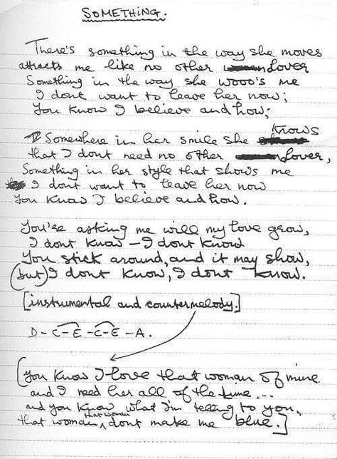 Something handwritten by George Harrison Handwritten Lyrics, Beatles Lyrics, Beatles George Harrison, Beatles George, Something In The Way, Beatles Songs, I'm With The Band, Wedding Songs, George Harrison