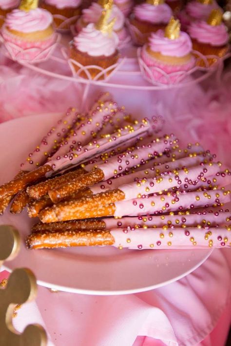 Pink and Gold Birthday Party pretzels!  See more party planning ideas at CatchMyParty.com! Gold Birthday Party Ideas, Pink Gold Party, Pink And Gold Birthday, Pink And Gold Birthday Party, Ballerina Birthday Parties, Sweet Party, Gold Birthday Party, Ballerina Birthday, Golden Birthday