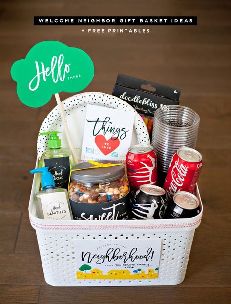 Welcome Neighbor Gift Basket with Free Printables Yankee Swap Gift Ideas, Welcome Neighbor, New Neighbor Gifts, Yankee Swap Gift, Yankee Swap, Welcome Wagon, Welcome Basket, Welcome Baskets, Welcome Home Gifts