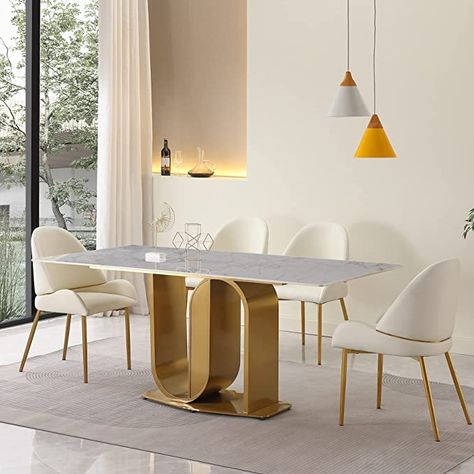 Amazon.com - Montary 71” Dining Table for 6-8 Seat, Modern Rectangle Design Dining Room Table with Gold Double U Metal Base, Sintered Stone Marble Dining Table (Only Table) - Table & Chair Sets Gold Pedestal, Sintered Stone Dining Table, Luxury Dining Tables, Modern Farmhouse Dining Room, Double U, Dining Table Gold, Marble Top Dining Table, Living Room Dining Room Combo, Modern Farmhouse Dining