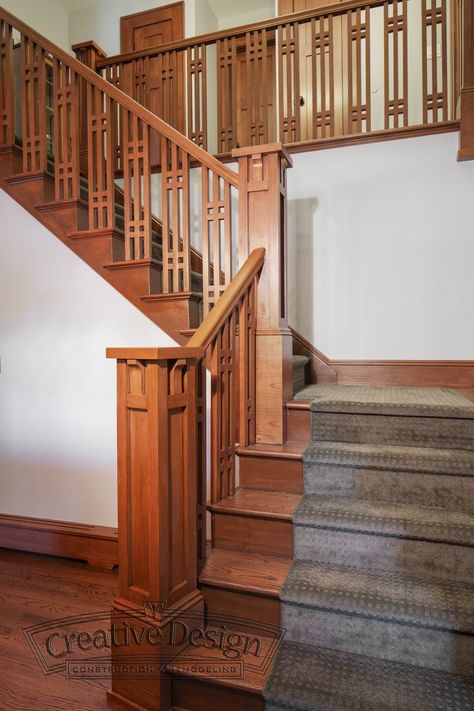 Craftsman Staircase Railing, Arts And Crafts Stair Railing, Craftsman Staircase Ideas, Craftsman Newel Post, Craftsman Style Staircase, Stair Railing Design Wooden, Wooden Stairs Railing Design, Wooden Staircase Railing Modern, Staircase Railing Design Wooden