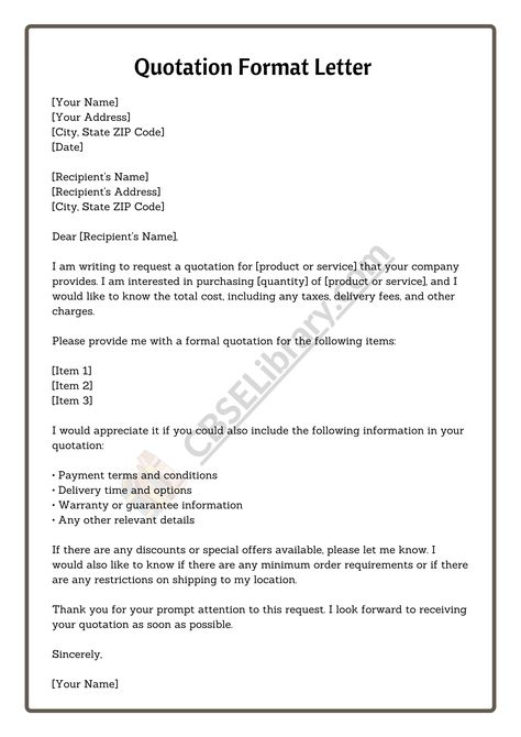 Quotation Format Letter | Format, Sample and How To Write Quotation Format Letter?  - CBSE Library Quotation Letter Sample, Quotation Sample, What If Quotes, Letter Format Sample, Letter Writing Samples, Cleaning Service Flyer, Quotation Format, A Formal Letter, Writing Samples