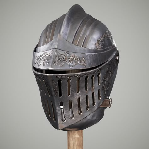 ArtStation - Medieval Helmet Helmet Armor Design, Dnd Helmet, Types Of Helmets, Armored Helmet, Fantasy Helmet Design, Knight Holding Helmet, Knight Helmet Design, Knight Helmet Concept Art, Fantasy Knight Helmet