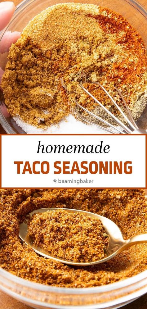 Easy, 2 minute homemade Taco Seasoning! Seasoned with spicy chili powder, warm cumin, and spices like garlic, paprika, salt, and onion—the perfect spice for Mexican dishes like Taco Dip, burritos, and more! | Recipe at BeamingBaker.com Canning Soup Recipes, Taco Spice Blend, Chili Seasoning Recipe, Mild Taco Seasoning, Make Taco Seasoning, Homemade Taco Seasoning Mix, Homemade Taco Seasoning Recipe, Homemade Seasoning, Mexican Seasoning